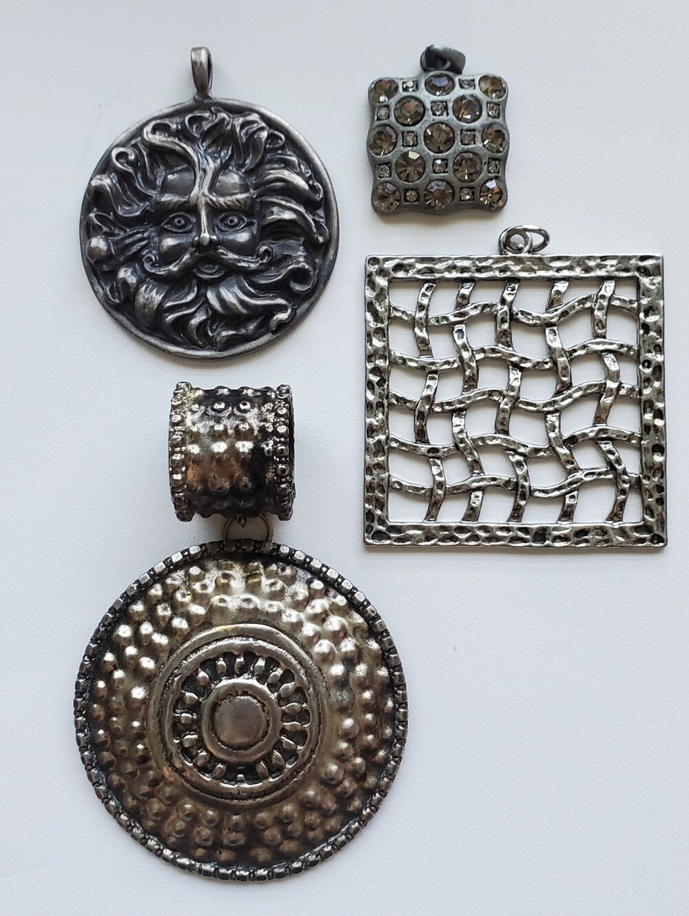 Mixed Silver-Tone Brutalist Pendant Jewellery Lot of 4 Textured Medallions